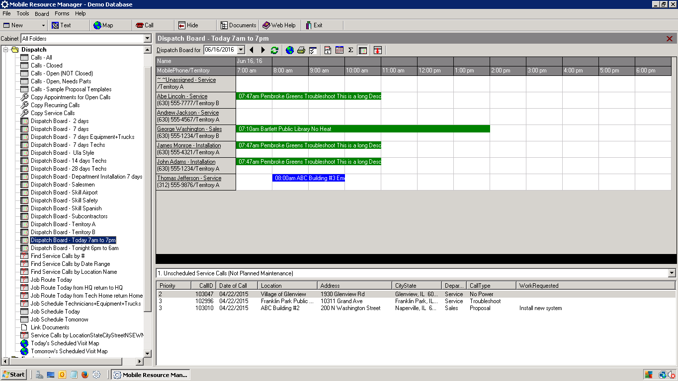 Dispatch Board - Today 7am to 7pm