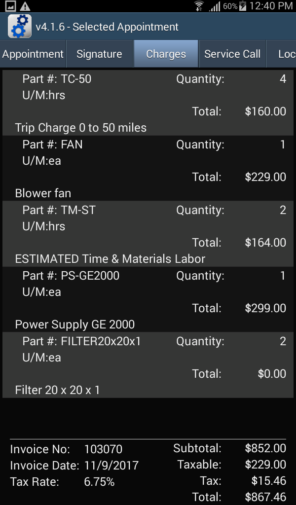 Appointment -Charges tab