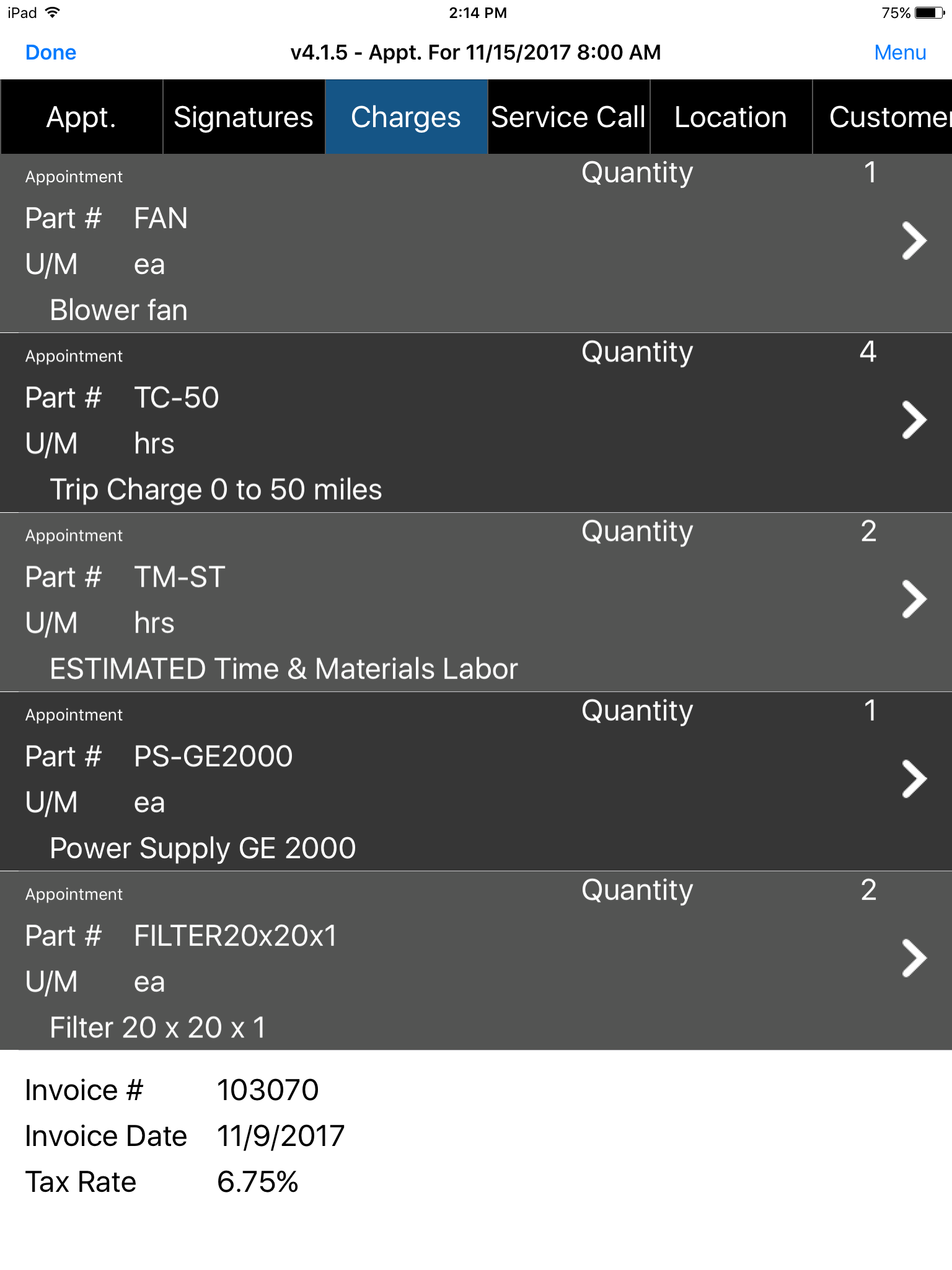Appointment - Charges tab