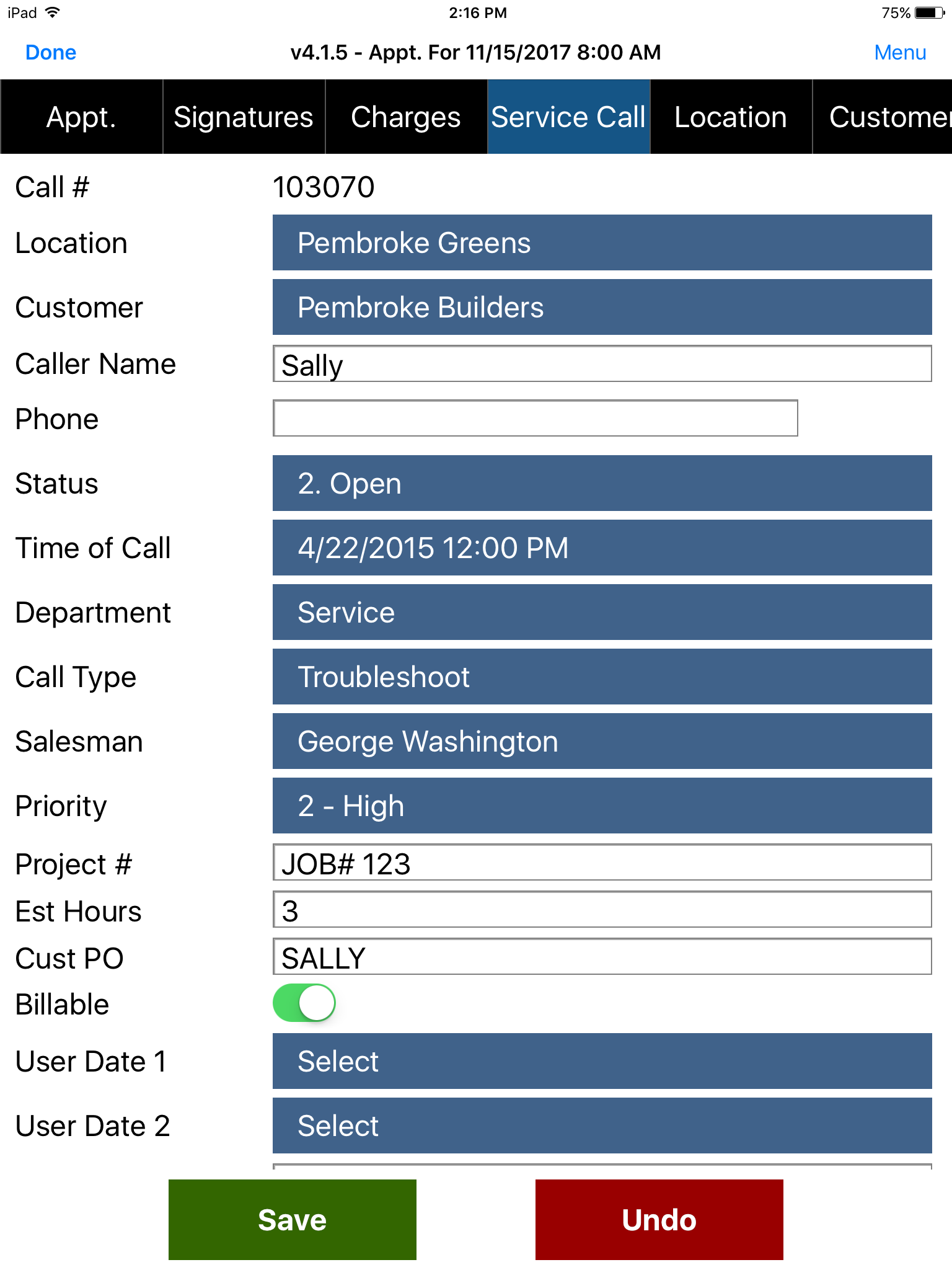 Appointment - Service Call tab