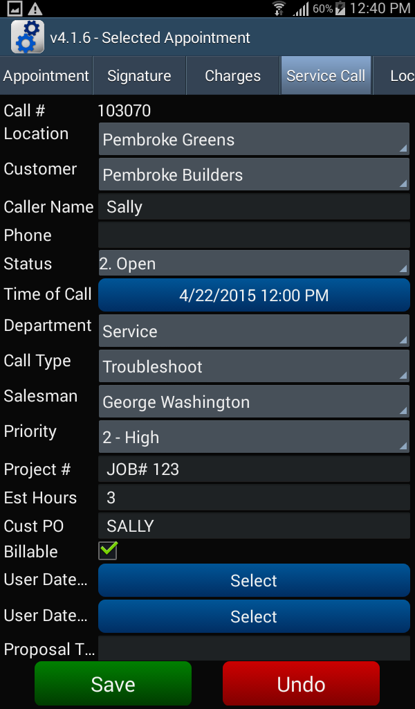 Appointment - Service Call tab