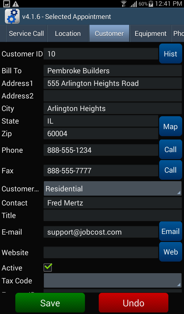 Appointment - Customer tab