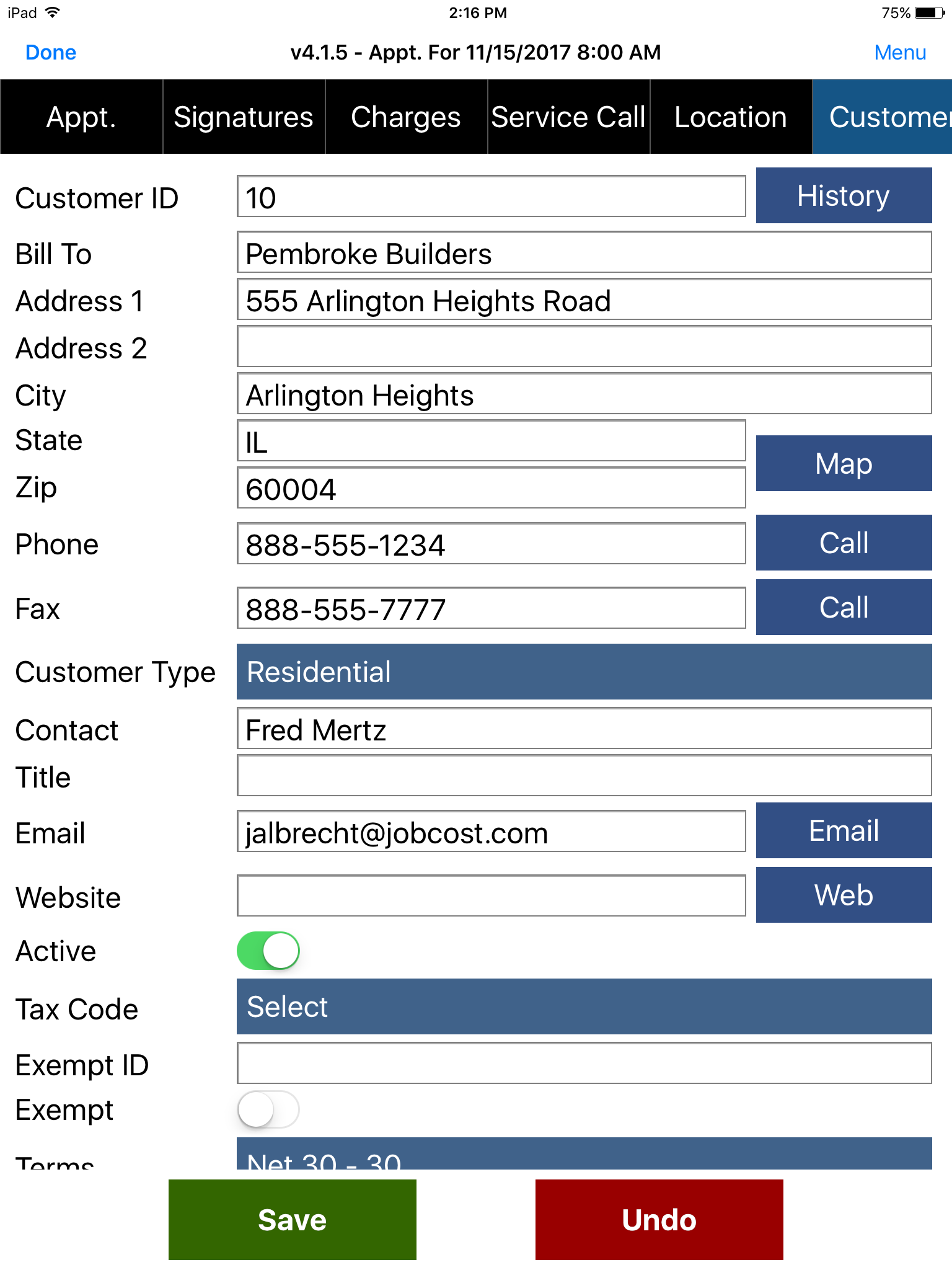 Appointment - Customer tab