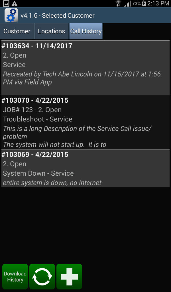 Customer - Call History tab
