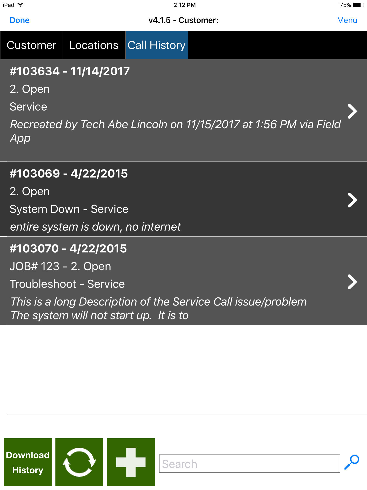 Customer - Call History tab