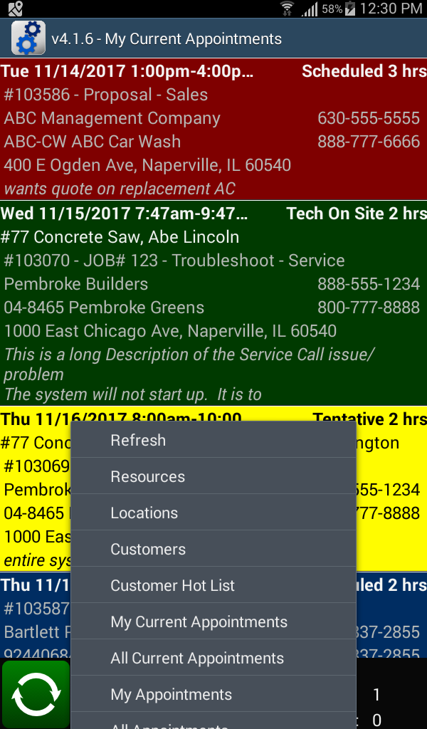 My Appointments with menu options