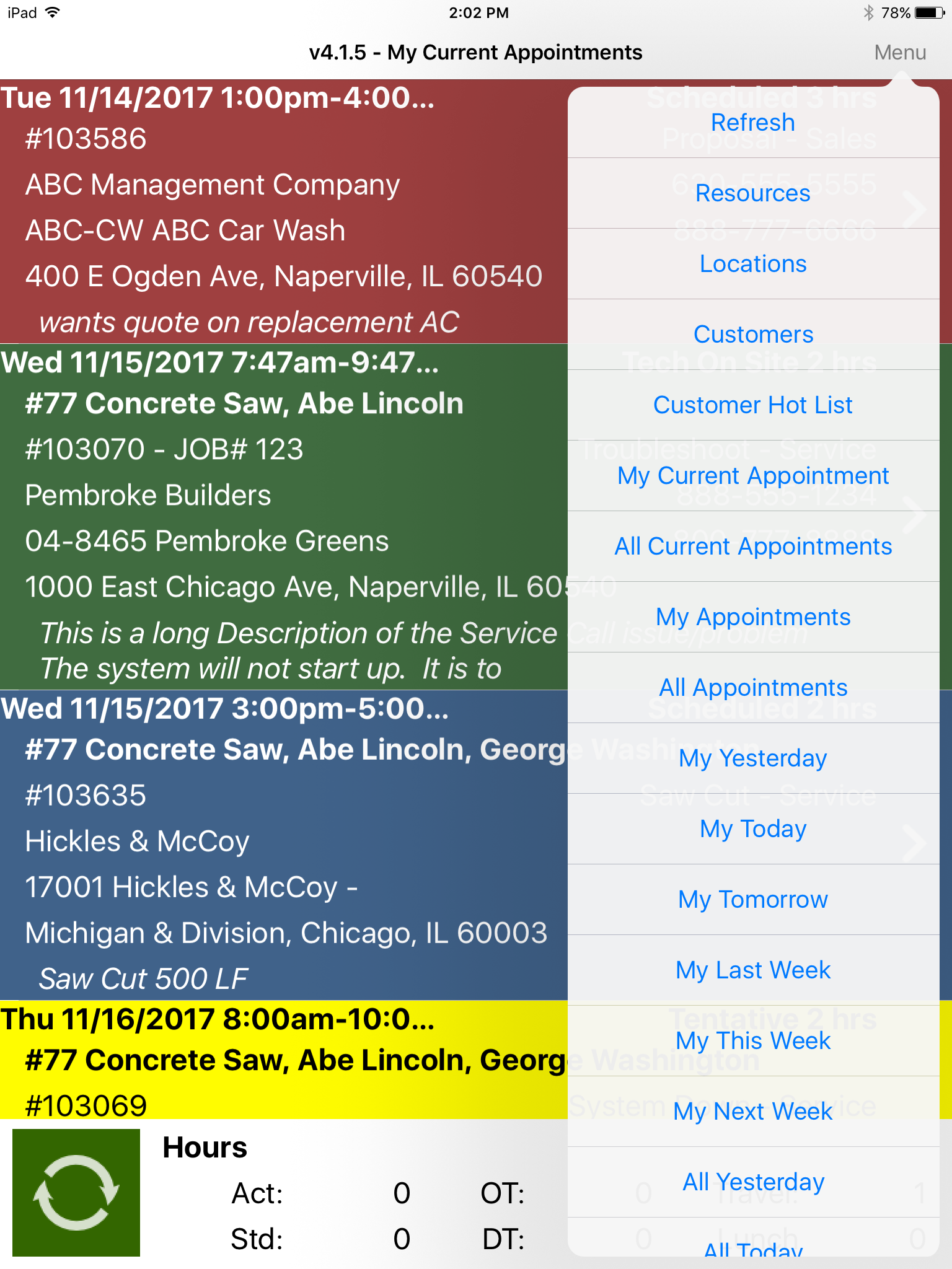 My Appointments with menu options