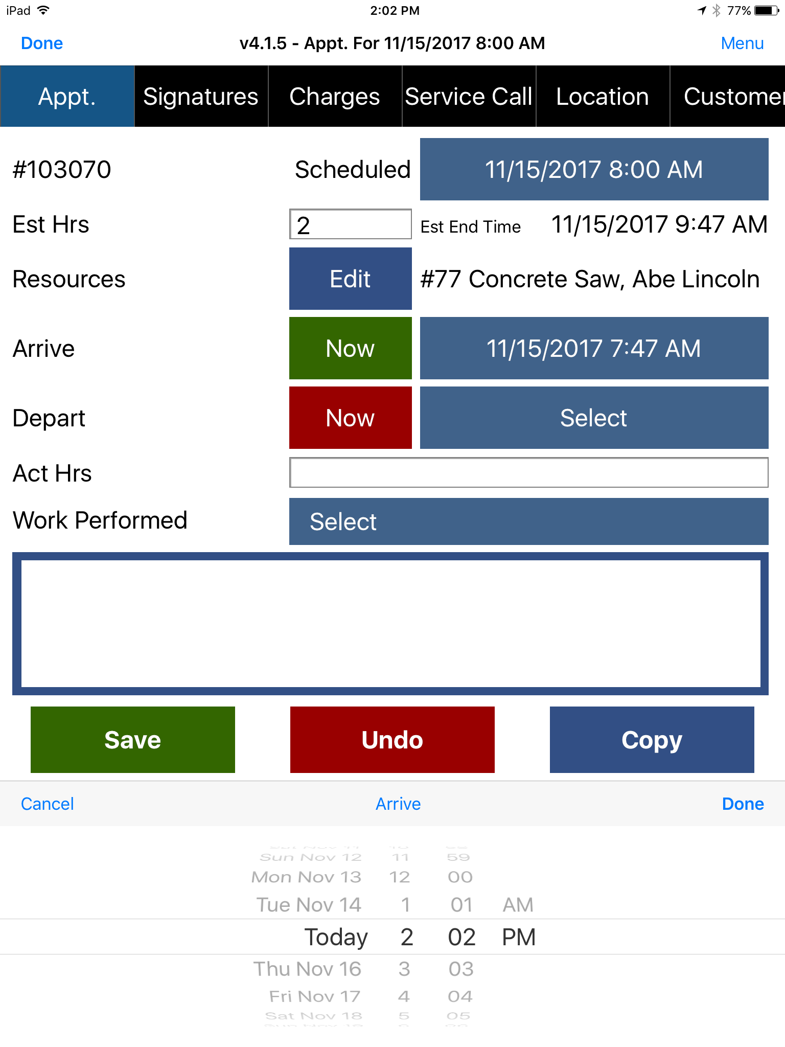 Appointment - Appointment tab change depature time