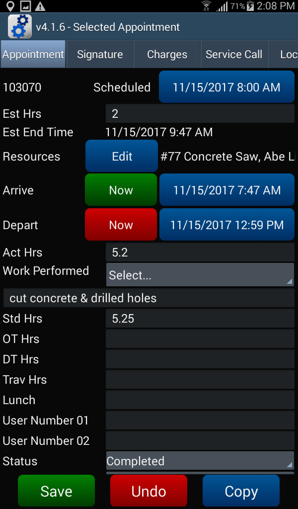 Appointment - Appointment tab with depature time and notes