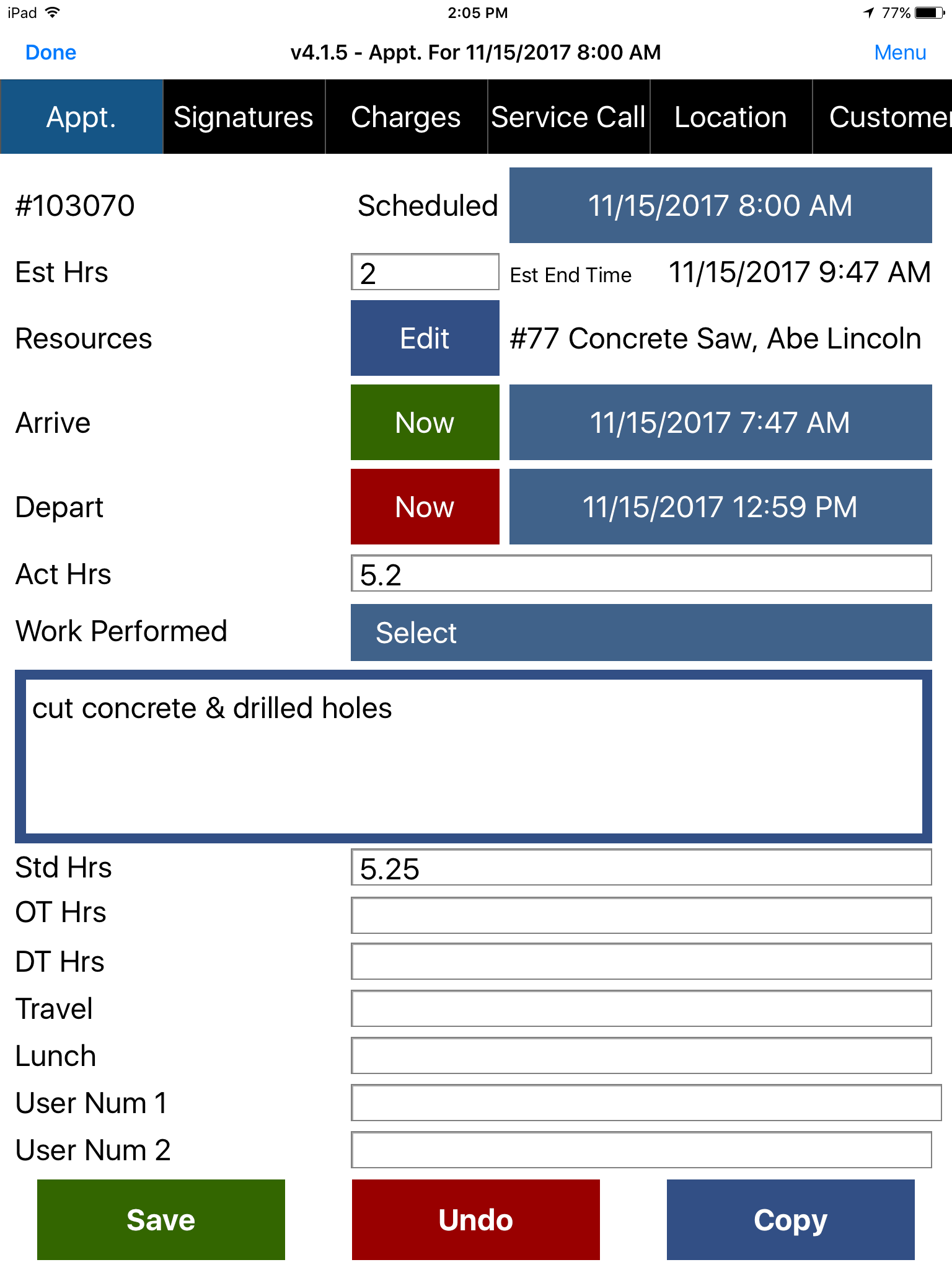 Appointment - Appointment tab with depature time and notes