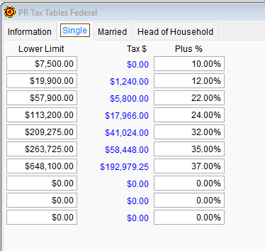2026 PR Tax Tables Federal - Single tab